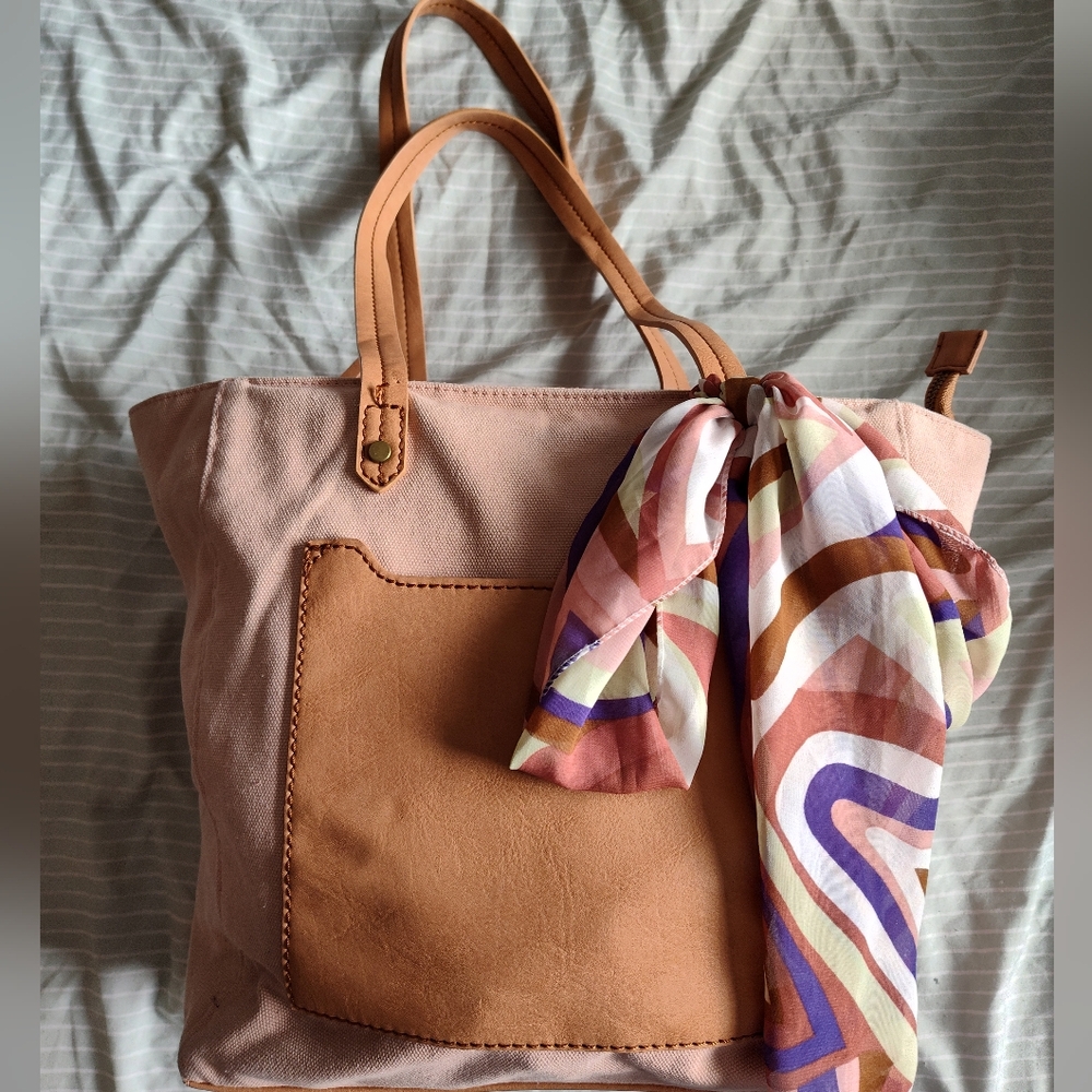 Stylish Tan and Pink Tote Bag By Universal Threads With Scarf Accent